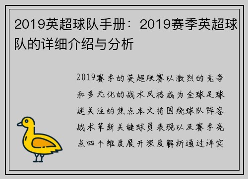 2019英超球队手册：2019赛季英超球队的详细介绍与分析