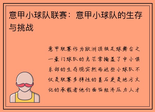 意甲小球队联赛：意甲小球队的生存与挑战