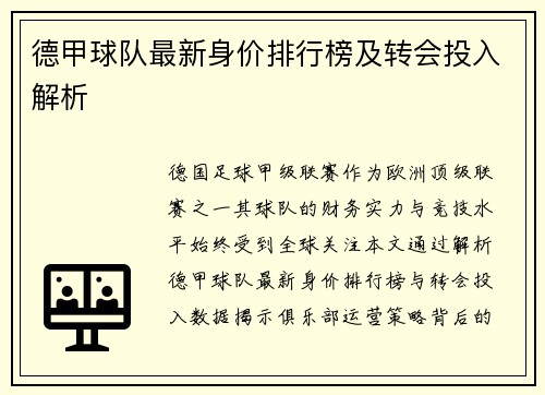 德甲球队最新身价排行榜及转会投入解析